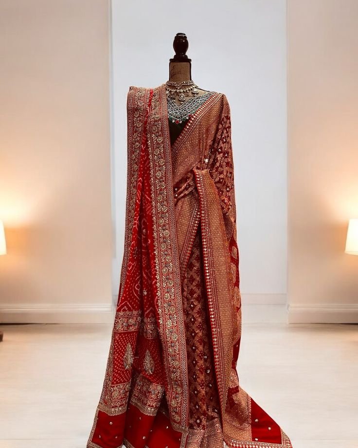 A gorgeous red Banarasi Bandhej saree sprinkled with sequins, available at Rentique — offering the best bridal rental saree in Kottakkal for timeless elegance.